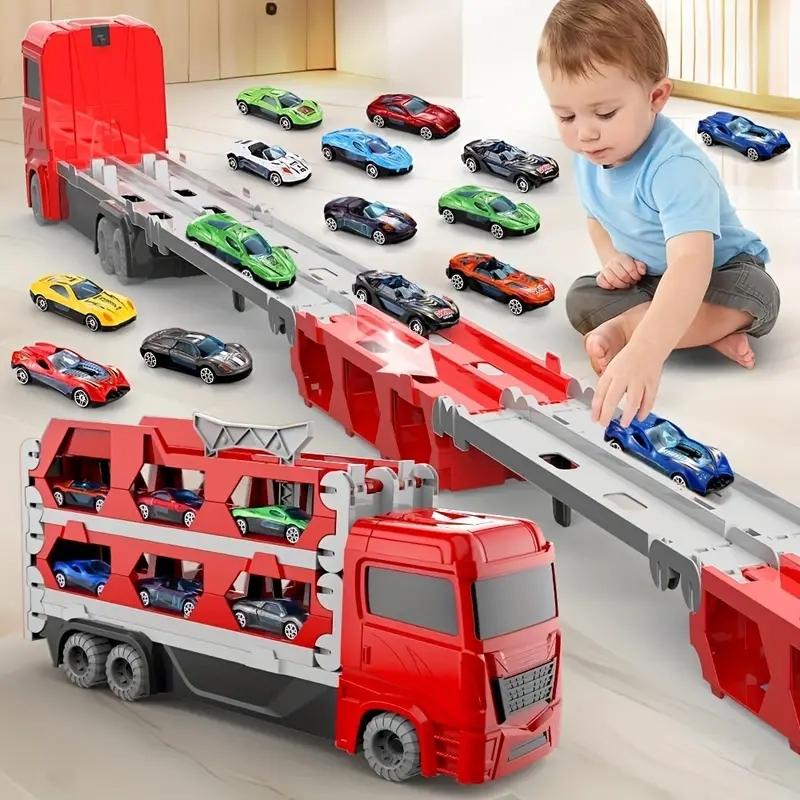 Cool Folding Toy Truck with Ejection Track and 6 Cars for Kids, Perfect Birthday or Holiday Gift for Boys and Girls Over 4 Years Old