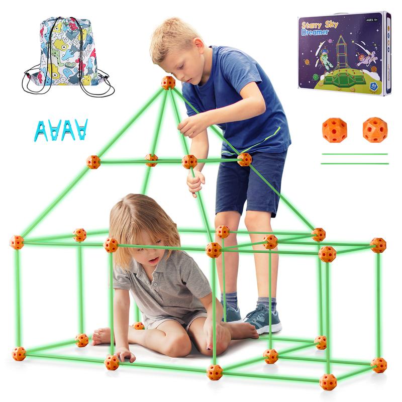 VEVOR Fort Building Kit for Kids, 85PCS Glow in The Dark STEM Building Toys, Educational Gift for 4 5 6 7 8+ Year Old Boys & Girls, Indoor Outdoor Play Tent Construction Toys with 55 Rods and 30 Balls