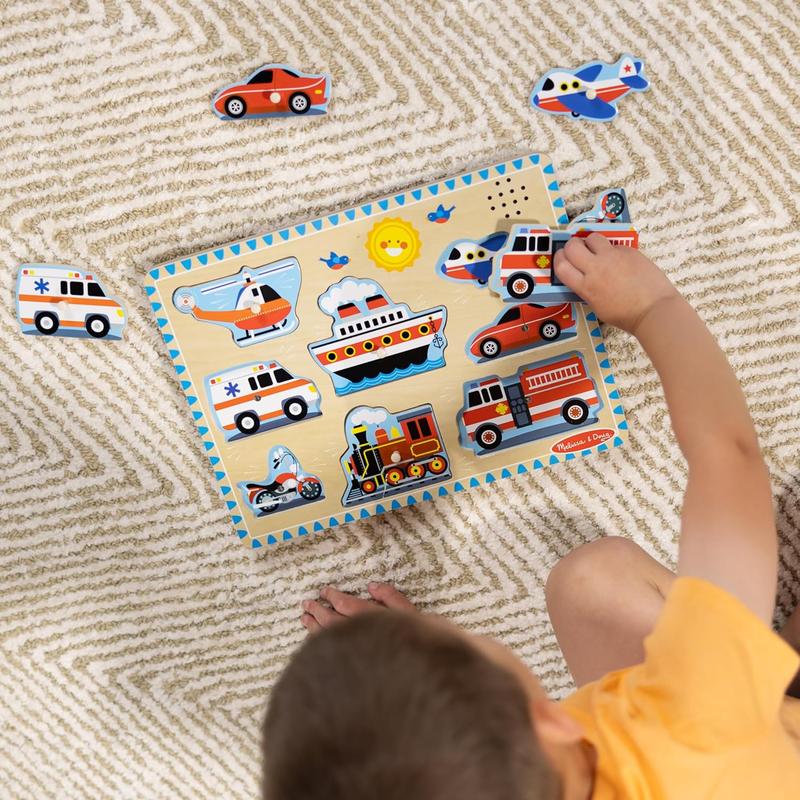 Vehicles Sound Puzzle - Wooden Peg Puzzle With Sound Effects (8 Pcs) - Sound Puzzles For Toddlers, Wooden Puzzles For Kids Ages 2+