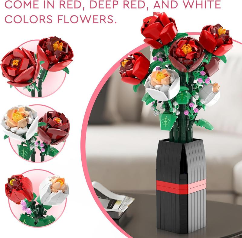 Flowers Bouquet Block Building Set For Adults(818 PCS) - Christmas,Birthday,Valentine,Housewarming Gifts For Her,Home Decor Creative DIY Roses Flower Bouquet Kit with Vase