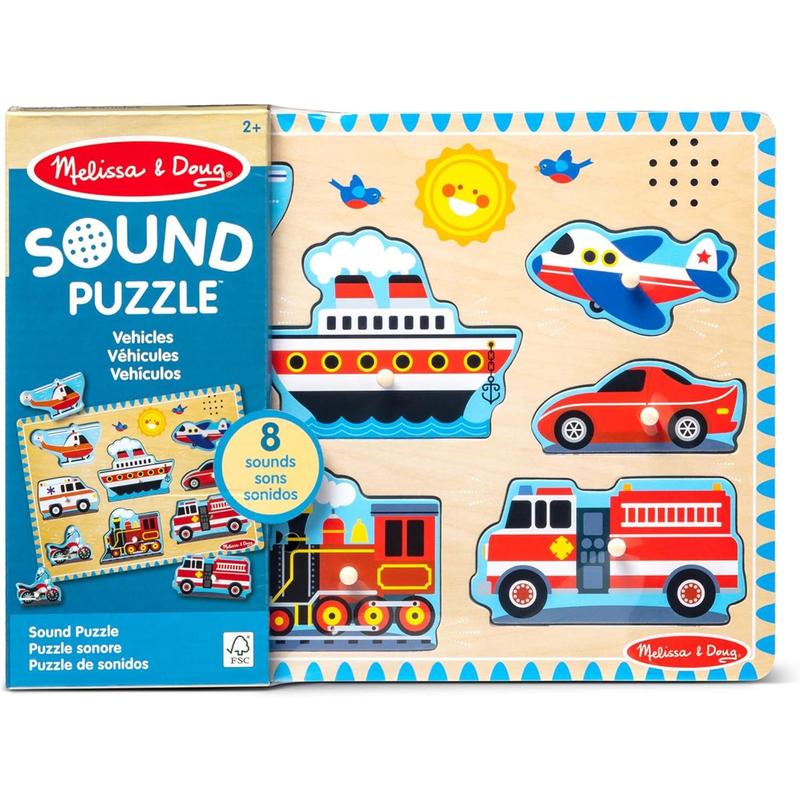 Vehicles Sound Puzzle - Wooden Peg Puzzle With Sound Effects (8 Pcs) - Sound Puzzles For Toddlers, Wooden Puzzles For Kids Ages 2+