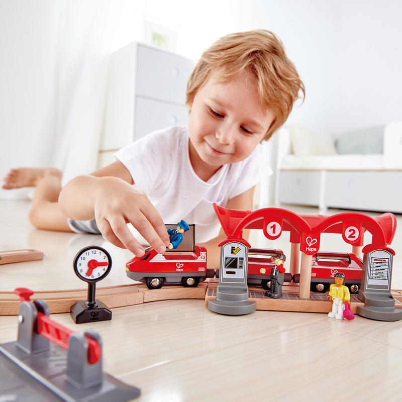 Hape Wooden Busy City Train Rail Set for Kids - Classic Toy Train Set