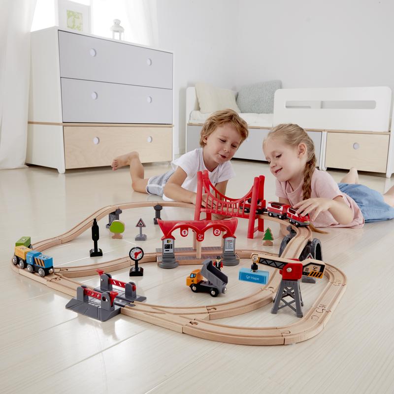 Hape Wooden Busy City Train Rail Set for Kids - Classic Toy Train Set