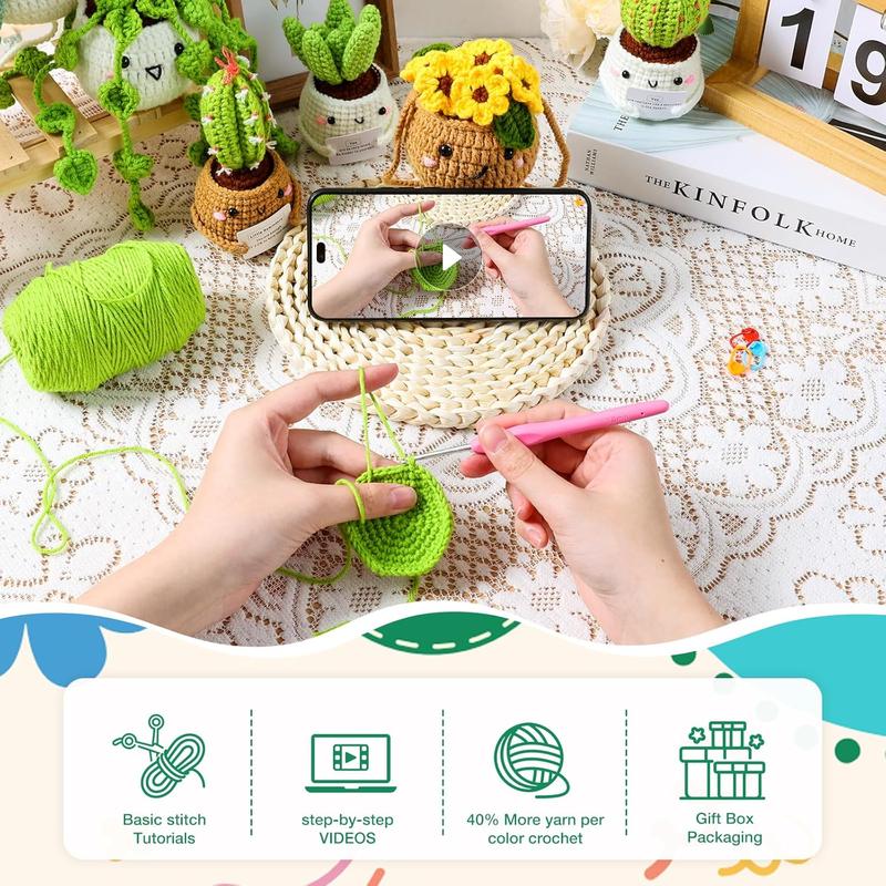 Crochet Kit | Crochet Kit for Beginners | Beginner Crochet Kit with Step by Step Video Lessons | 6 count Potted Plants and Succulent Family Crochet Kit with Crochet Accessories(40%+ Yarn)