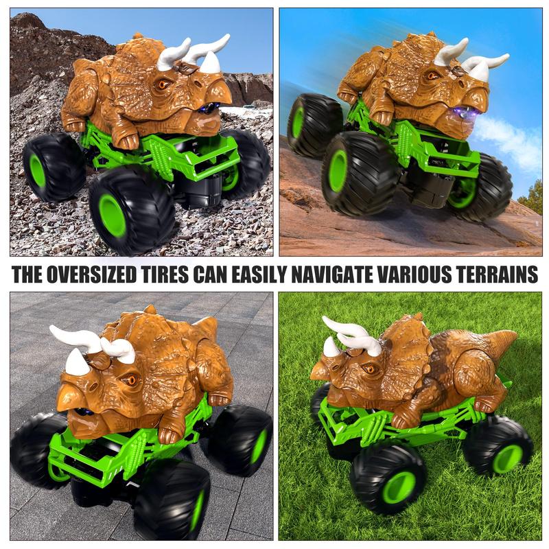 Remote Control Triceratops Truck, T-Rex Monster Truck with Roar, Light and Mist Spray  , High Speed Off Road 1:24 Dinosaur Car with Rechargeable Battery, Gift  3+