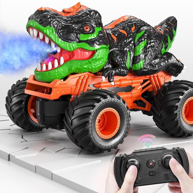 Remote Control Triceratops Truck, T-Rex Monster Truck with Roar, Light and Mist Spray  , High Speed Off Road 1:24 Dinosaur Car with Rechargeable Battery, Gift  3+