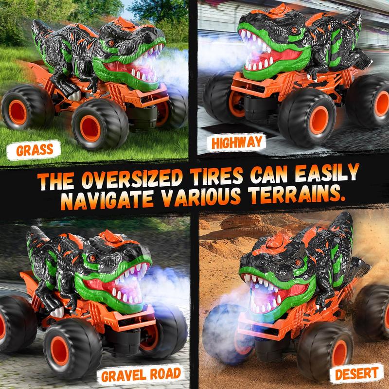 Remote Control Triceratops Truck, T-Rex Monster Truck with Roar, Light and Mist Spray  , High Speed Off Road 1:24 Dinosaur Car with Rechargeable Battery, Gift  3+