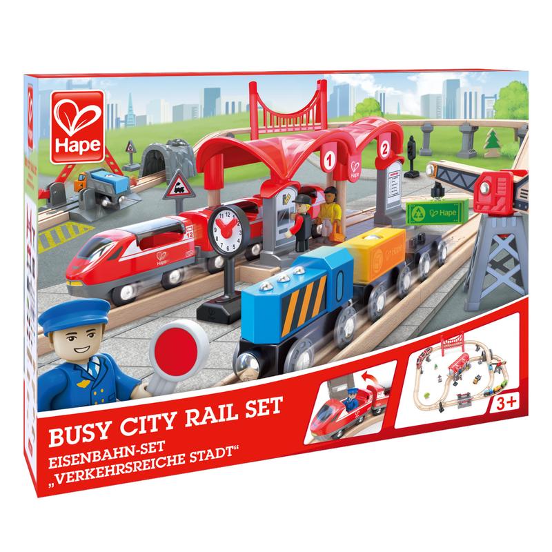 Hape Wooden Busy City Train Rail Set for Kids - Classic Toy Train Set