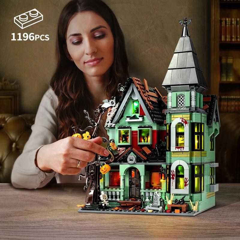 Best Halloween Haunted House Building Blocks Set with LED Light, Perfect Halloween Toys and Gifts for Fans and Kids (1196 pcs)