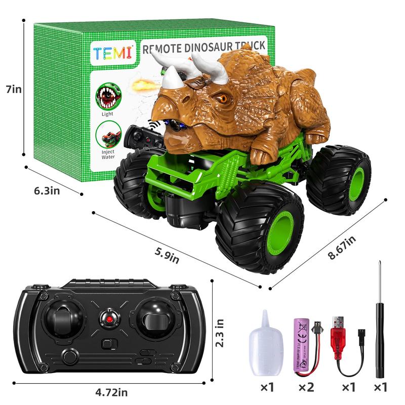 Remote Control Triceratops Truck, T-Rex Monster Truck with Roar, Light and Mist Spray  , High Speed Off Road 1:24 Dinosaur Car with Rechargeable Battery, Gift  3+