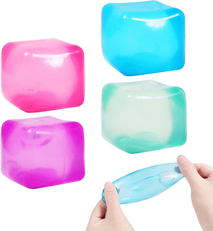 4pack Stress Cube Squishy Stress Balls for Adults Kids Sensory Ice Cube Fidget Toy for Your Best Mellow and Chill -Square Shape with Filling in Pink Purple Blue Green- Age 3 to Adult (4pcs)