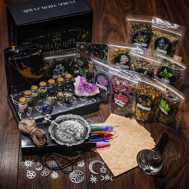 Witchcraft Supplies Kit for Spells, 56 PCS Witch Box Include Dried Herb Crystal Candles Amethyst Cluster Parchment, Wiccan Supplies and Tools, Beginner Witchcraft Kit Witch Stuff for Pagan Rituals