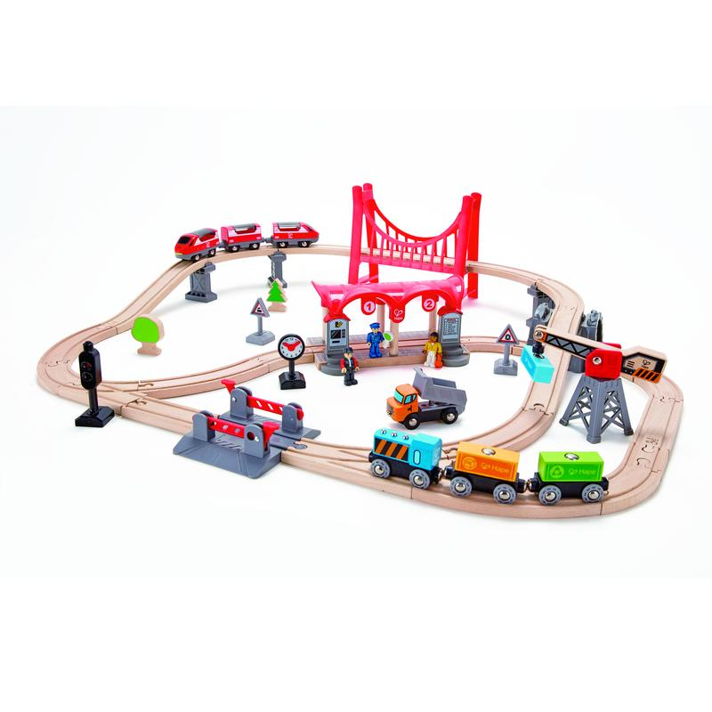 Hape Wooden Busy City Train Rail Set for Kids - Classic Toy Train Set