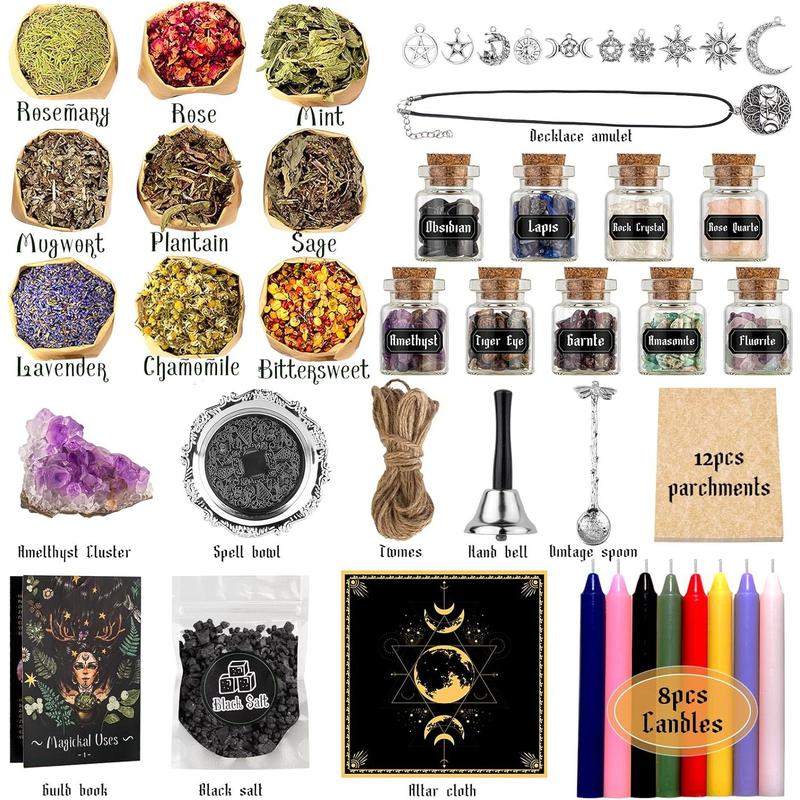 Witchcraft Supplies Kit for Spells, 56 PCS Witch Box Include Dried Herb Crystal Candles Amethyst Cluster Parchment, Wiccan Supplies and Tools, Beginner Witchcraft Kit Witch Stuff for Pagan Rituals