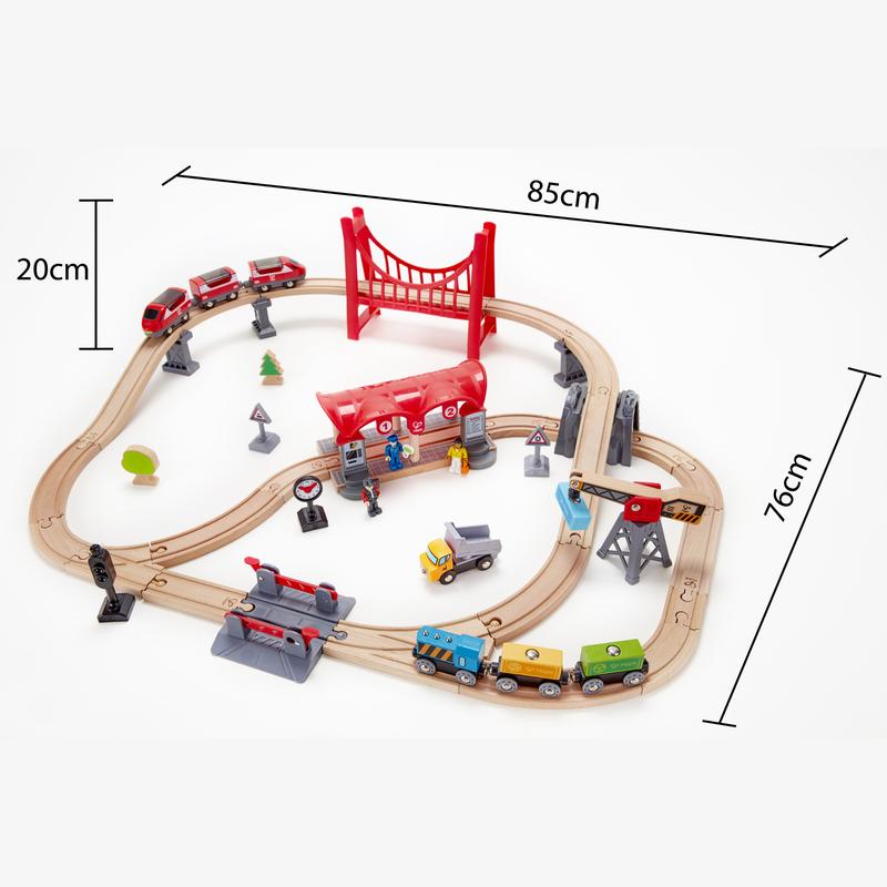 Hape Wooden Busy City Train Rail Set for Kids - Classic Toy Train Set