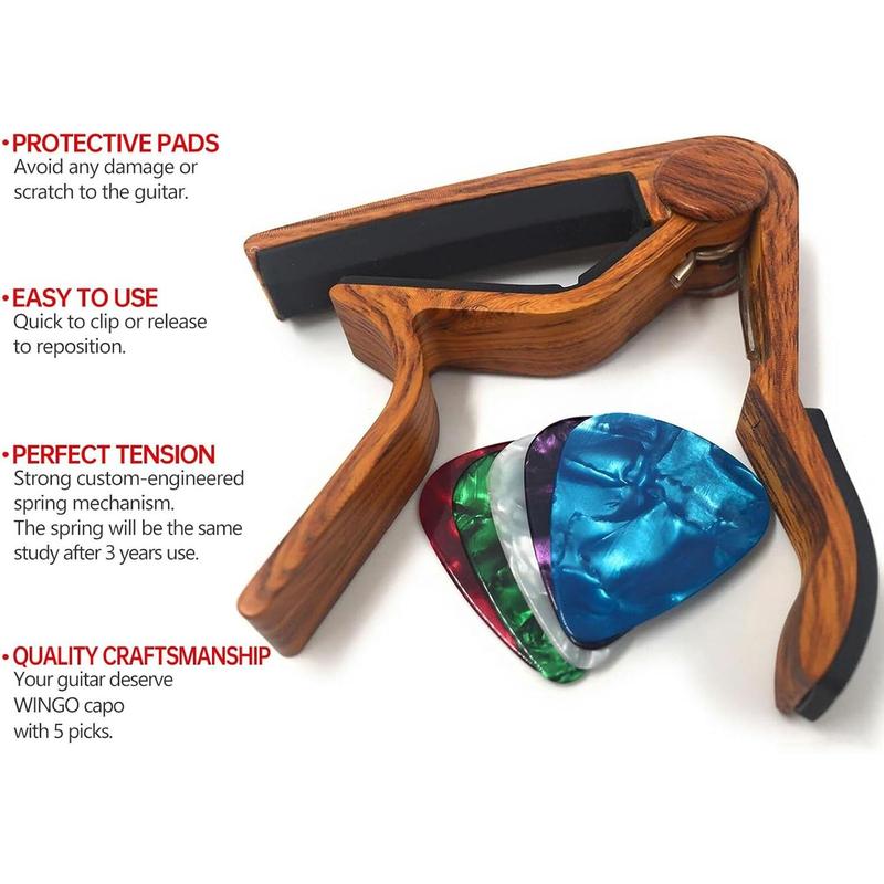 Guitar Capo for Acoustic and Electric Guitars - Rosewood Color with 5 Picks