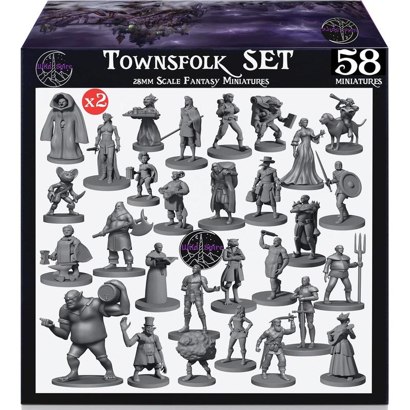 Wildspire 58 Fantasy Miniatures Set Townsfolk Characters for DND Miniatures Bulk 28mm Dungeons and Dragons Miniatures | for DND Minis and D&D Miniatures I Character Sheets & Quests