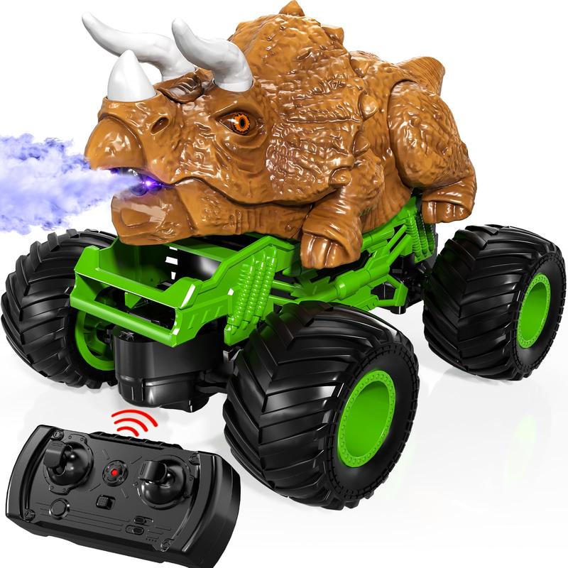 Remote Control Triceratops Truck, T-Rex Monster Truck with Roar, Light and Mist Spray  , High Speed Off Road 1:24 Dinosaur Car with Rechargeable Battery, Gift  3+