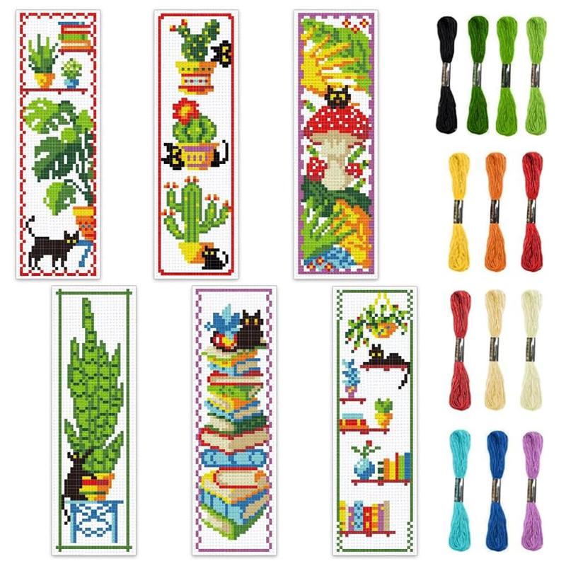 Cat & Green Plant Book Mark Cross Stitch Kit, 6 Counts set Reading Life Theme DIY Cross Stitch Kit with Instructions & Random Color Accessories, Suitable for Beginners