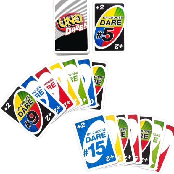 Mattel Games UNO Dare Card Game for Family Night Featuring Challenging and Silly Dares from 3 Different Categories