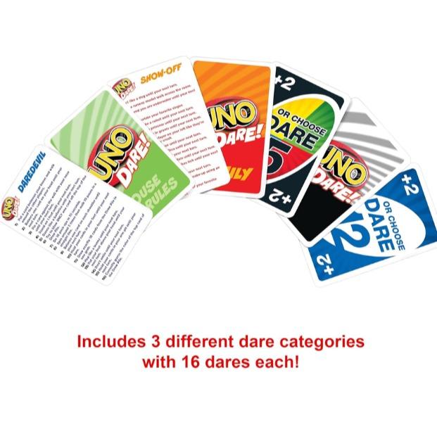 Mattel Games UNO Dare Card Game for Family Night Featuring Challenging and Silly Dares from 3 Different Categories