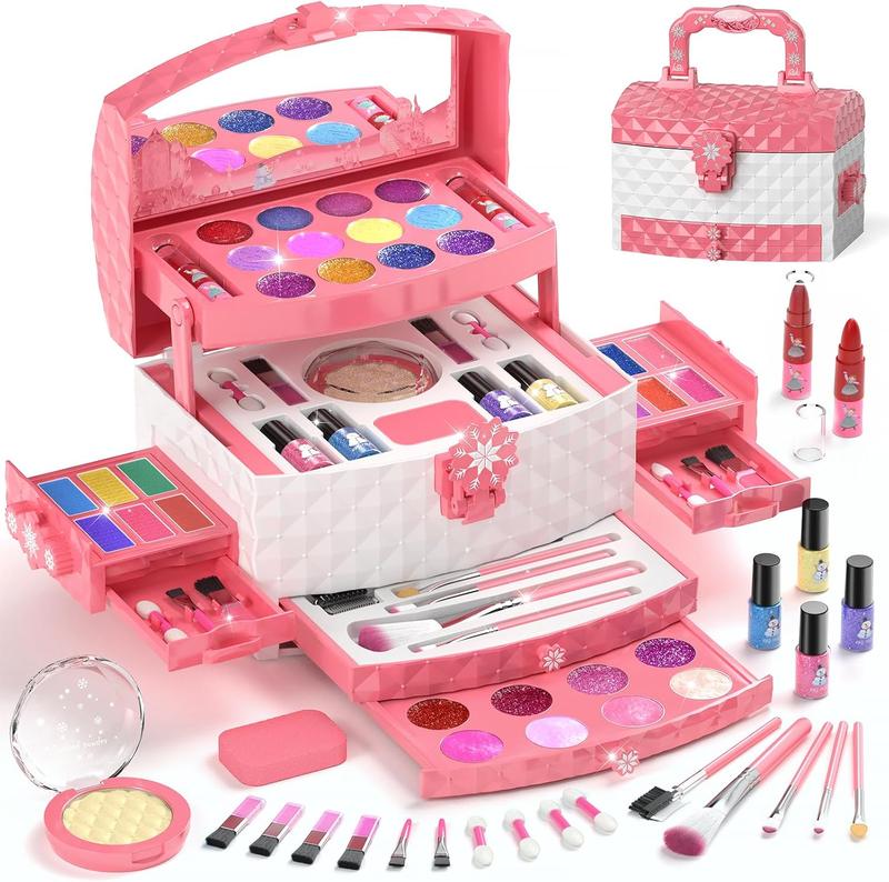 Kids Makeup Set for Girl 56 Pcs Washable Real Cosmetic, Safe & Non-Toxic Frozen Toys Toddler Makeup Kit, Frozen Princess Dress up Kit Christmas & Birthday Girl Gift for 3-12 (Frozen Pink)