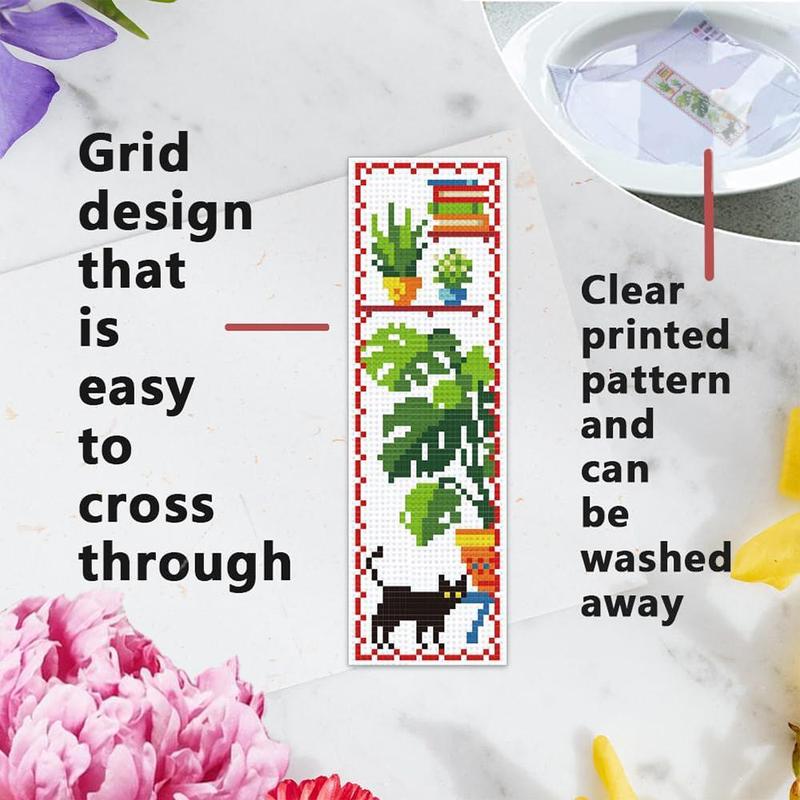 Cat & Green Plant Book Mark Cross Stitch Kit, 6 Counts set Reading Life Theme DIY Cross Stitch Kit with Instructions & Random Color Accessories, Suitable for Beginners