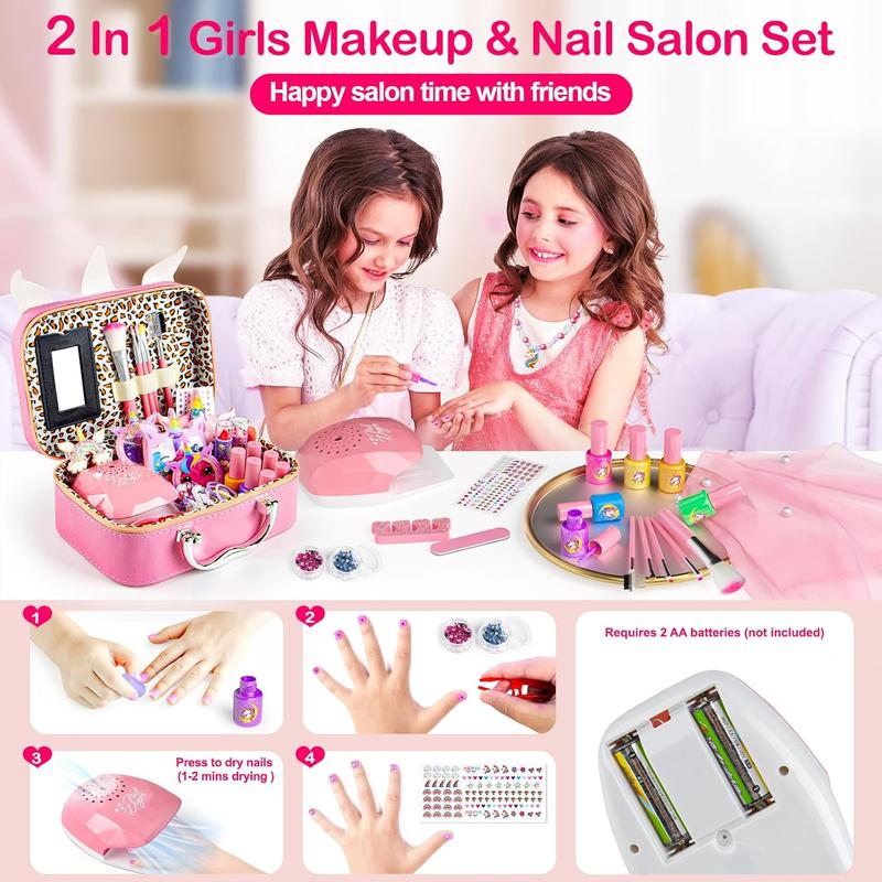 Christmas gift 2-in-1 Washable Kids Makeup & Nail Art Kit – Unicorn Cosmetic Set for Girls Ages 3-12