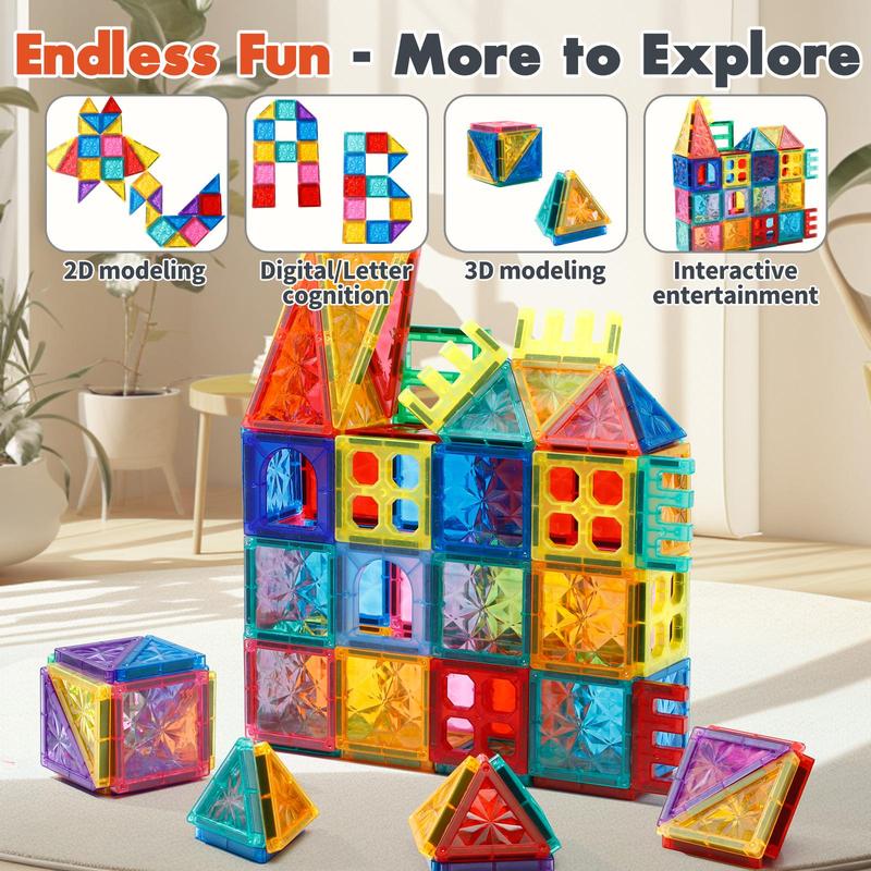 Dinosaur Race Track Magnetic Building Tiles - STEM Educational Construction Blocks, Montessori Magnet Tiles Set, 4D Diamond Cut Design