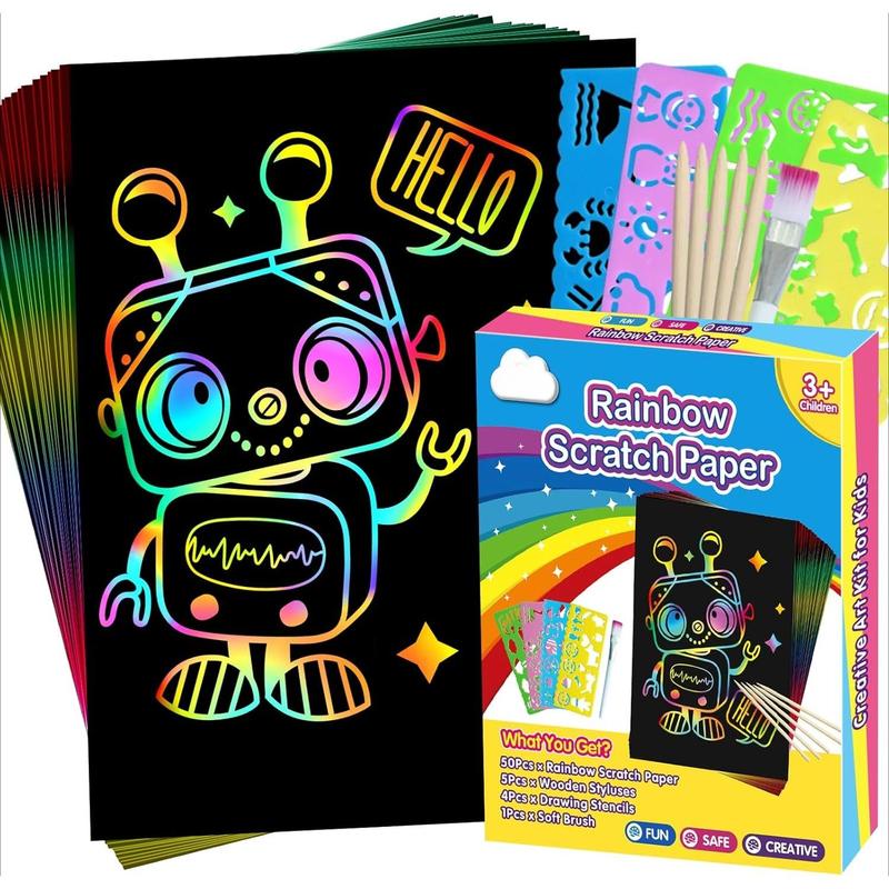 Scratch Paper Art Set, 60 Pcs Rainbow Magic Scratch Paper for Kids Black Scratch Off Art Crafts Kits Notes with 5 Wooden Stylus for Girls Boys Toy Party Game Christmas Birthday Gift