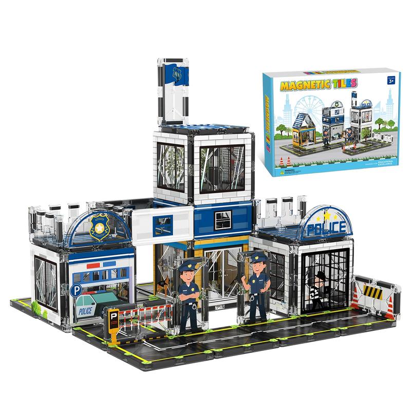 Magnetic Tiles, 50PCS Police Station Theme Building Blocks Set, Magnet Building Blocks and STEM Preschool Toys for Toddlers Kids building  kits magnetic blocks building set