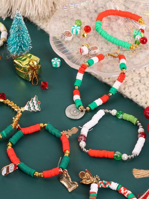 Christmas Themed Beaded Making Kit, Friendship Beads & Clay Beads & Charms & Elastic Thread, Jewelry Making Kit for Bracelet Necklace Earrings