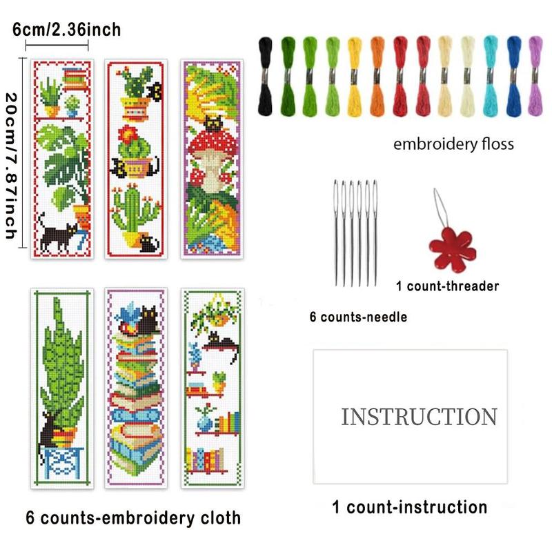 Cat & Green Plant Book Mark Cross Stitch Kit, 6 Counts set Reading Life Theme DIY Cross Stitch Kit with Instructions & Random Color Accessories, Suitable for Beginners