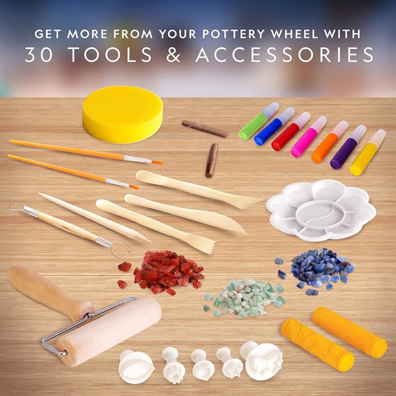 National Geographic Pottery Wheel Refill Kit – 2 Lbs. Air Dry Clay, 30 Pottery Tools & Accessories, Gemstone Chips, Sculpting Clay Tools, 7 Paints & More, Great Craft Kit For Kids