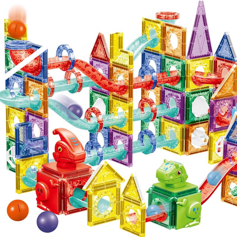 Dinosaur Race Track Magnetic Building Tiles - STEM Educational Construction Blocks, Montessori Magnet Tiles Set, 4D Diamond Cut Design