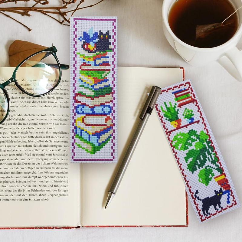 Cat & Green Plant Book Mark Cross Stitch Kit, 6 Counts set Reading Life Theme DIY Cross Stitch Kit with Instructions & Random Color Accessories, Suitable for Beginners