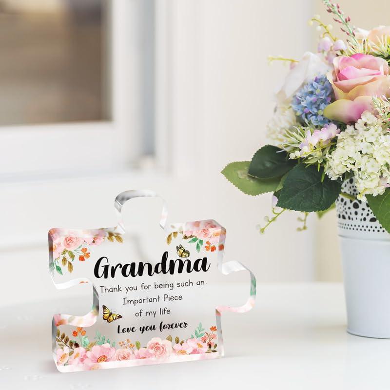 Gifts for Grandma - Delicate Grandma Birthday Gifts from Grandkids - Engraved Acrylic Puzzle Piece 3.9 x 3.3 inch - Mothers Day Birthday Christmas Gifts for Grandma GrandmotherIdeas