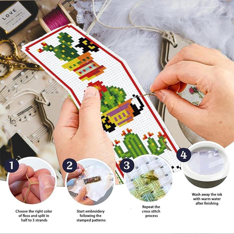 Cat & Green Plant Book Mark Cross Stitch Kit, 6 Counts set Reading Life Theme DIY Cross Stitch Kit with Instructions & Random Color Accessories, Suitable for Beginners