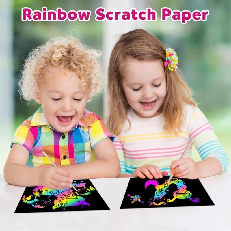 Scratch Paper Art Set, 60 Pcs Rainbow Magic Scratch Paper for Kids Black Scratch Off Art Crafts Kits Notes with 5 Wooden Stylus for Girls Boys Toy Party Game Christmas Birthday Gift