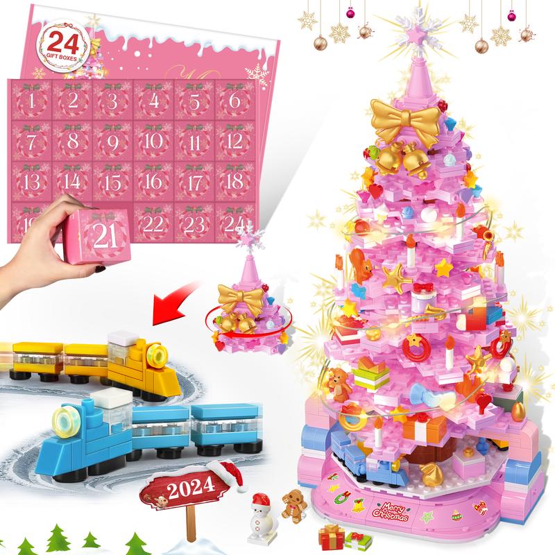 1188 Pieces 2024 Christmas Tree Advent Calendar Building Block Set,24 Days DIY Surprise Christmas Countdown Mini Building Block Architecture,Christmas Gifts and Home Decoration,Pink and Green,For aged 12 and above,Stress Relief Toy