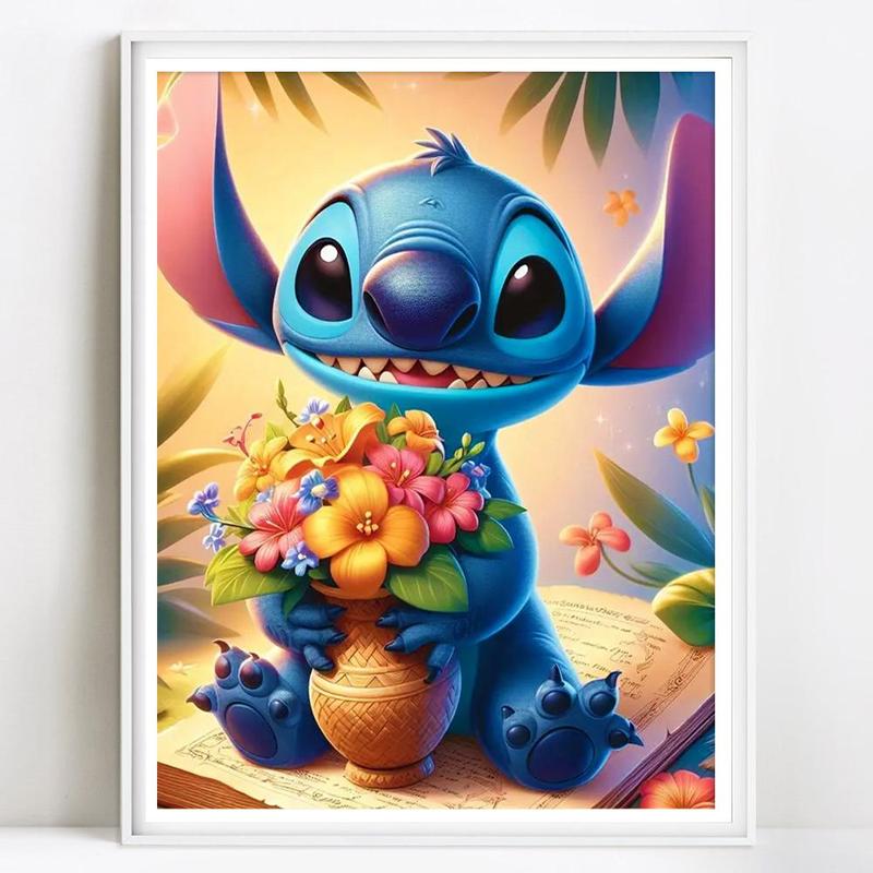 Disney Stitch & Vase & Flower Pattern DIY Diamond Art Colorful Painting Kit without Frame, 1 Set DIY 5D Diamond Decor Painting, DIY Wall Art Decor for Home