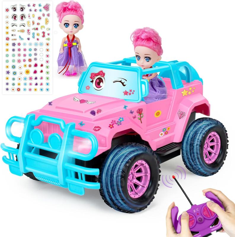 Remote Control Car for Kids, 1:20 Scale Rc Trucks for Girls Age 4-7, Pink Rc Cars Toys for Ages 5-7 8-13 Boys Girls Birthday Gift, Off Road Trucks with Mini Doll & DIY Sticker