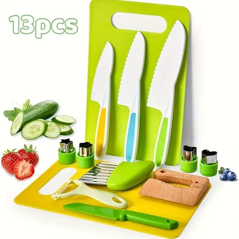 13&28 Pcs Toddler Safe Cooking Set，Knife，Wood  Cutter  & crinkle &Peeler & Cutting Board ，Sensory kitchenset，Culinary Tools for Kids, Foster Skills & Funcuc ，Christmas Gift kid  kitchenset kid knives