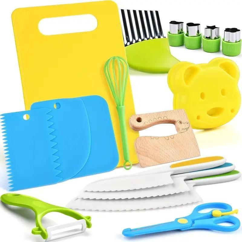 13&28 Pcs Toddler Safe Cooking Set，Knife，Wood  Cutter  & crinkle &Peeler & Cutting Board ，Sensory kitchenset，Culinary Tools for Kids, Foster Skills & Funcuc ，Christmas Gift kid  kitchenset kid knives