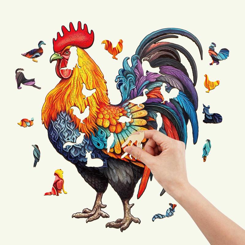 Spirited Rooster 2 Wooden Jigsaw Puzzle with Unique Shape