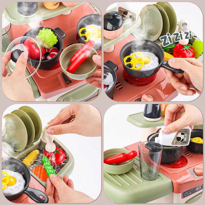 deAO Kitchen Toys Kitchen Playset Toy with Sounds and Lights Role Playing Game Pretend Food and Cooking Playset,26 PCS Kitchen Accessories Set