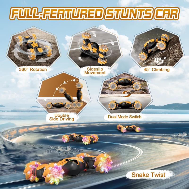 Axirata Gesture Sensing RC Stunt Car with Lights & Music for Kids 6-12 Year Old 4WD 2.4GHz Hand Controlled Remote Control Car 360° Rotation Off-Road Toy Car Gift for Boys Girls(Yellow)