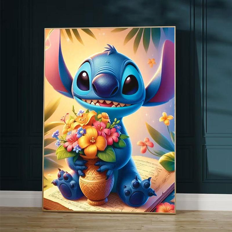 Disney Stitch & Vase & Flower Pattern DIY Diamond Art Colorful Painting Kit without Frame, 1 Set DIY 5D Diamond Decor Painting, DIY Wall Art Decor for Home