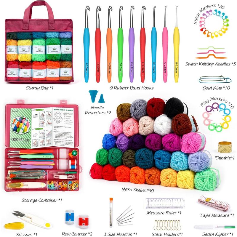 Crochet Yarn Kit for Beginners Adults and , includes 1650 Yards 30 Colors  Skeins, User Manual, Hooks,  Bag etc, Make Amigurumi & Projects, Starter Set Professionals