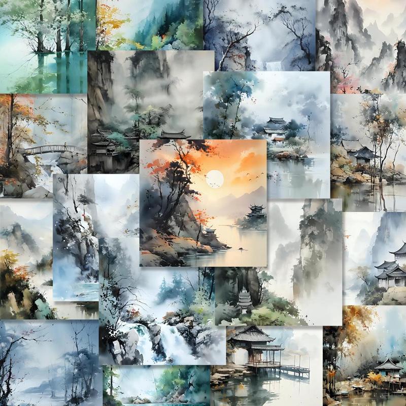 Watercolor Landscape Pattern Sticker, 54pcs set Waterproof Self Adhesive DIY Sticker, Decor Sticker for Gift Greeting Card Water Bottle Laptop Phone